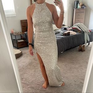 COPY -  Silver Sequin High Neck Low Back Maxi Dress